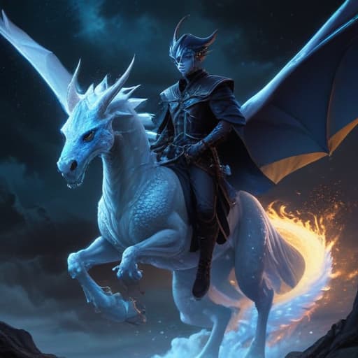 In the ethereal glow of a full moon, a mysterious figure emerges from the shadows. A dark magician, cloaked in shadows, rides gallantly atop a majestic Blue Eyes White Dragon. The dragon's sapphire scales glisten in the moonlight as they soar through the night sky, surrounded by twinkling stars. The scene is both enchanting and ominous, evoking a sense of power and magic. The Dark Rider of Blue Eyes is a formidable force to be reckoned with, embodying the perfect fusion of darkness and light. fantastical creatures or characters inspired by mythology, folklore, or popular culture. use vibrant colors, sharp lines, intricate details, dynamic poses, dramatic lighting, atmospheric backgrounds, and blend anime, manga, and Western comic influences