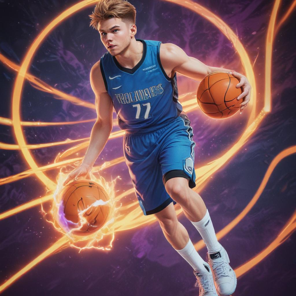 distance-shot, flashy, full-body, dynamic, holographic, animated cartoon poster of luka doncic in the style of dragon ball super