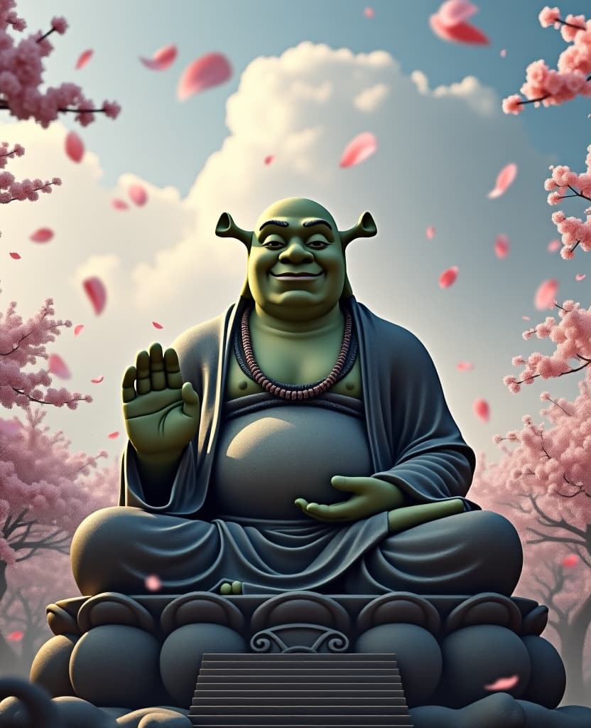  prompt: "a serene and magical scene featuring a gigantic stone statue of buddha, but with shrek's face. the statue is in a meditative pose with one hand raised and buddhist mala beads around its neck. the statue should resemble the kamakura buddha, smiling peacefully. surrounding the statue are glowing kanji characters, adding a mystical touch. cherry blossom petals are blowing in the wind, filling the air. at the top of the image, the text 'shrek is love, shrek is life' is clearly written in clouds. the skyline is beautiful, with high detail and an overall serene, masterpiece quality." hyperrealistic, full body, detailed clothing, highly detailed, cinematic lighting, stunningly beautiful, intricate, sharp focus, f/1. 8, 85mm, (centered image composition), (professionally color graded), ((bright soft diffused light)), volumetric fog, trending on instagram, trending on tumblr, HDR 4K, 8K