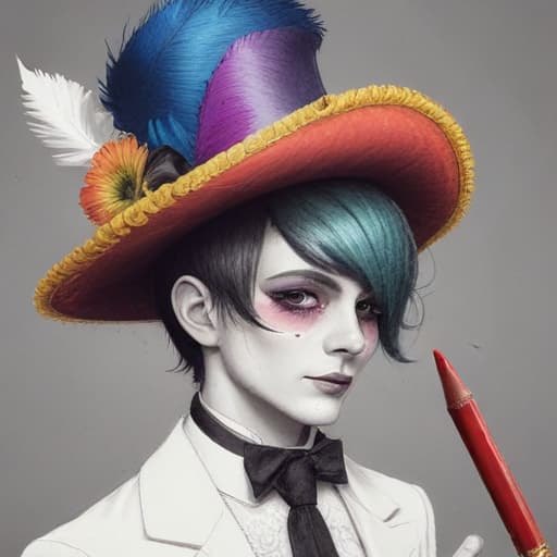 Rainbow twink man in lady wig makeup Cupid’s bow lipstick cowboy top hat and headdress tuxedo with spur whore Elizabethan collar wand parasol peacock dress, sketch, concept art, pencil drawing, artstation, dynamic, noir, big strokes, high quality