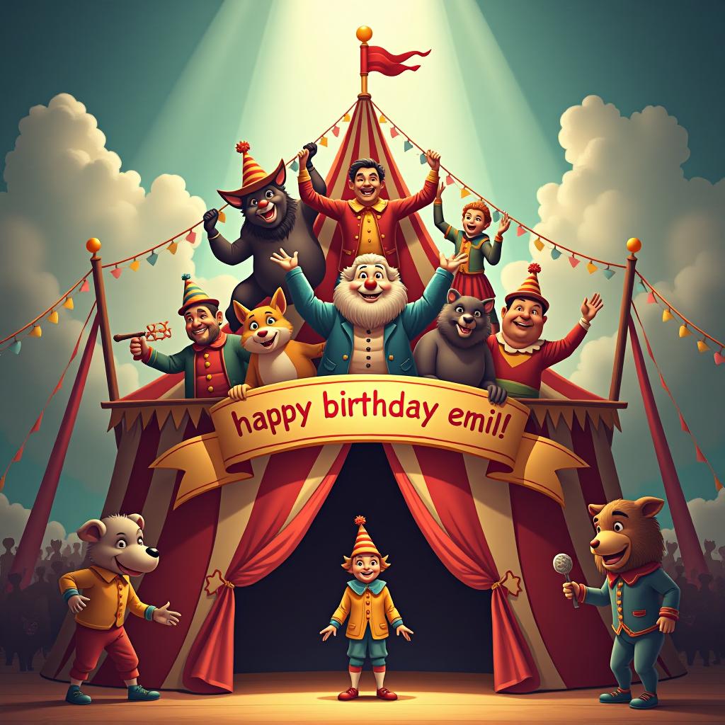  a circus themed illustration with acrobats, clowns, and animals forming a pyramid, holding a big top tent banner reading "happy birthday emil!" in bright colors hyperrealistic, full body, detailed clothing, highly detailed, cinematic lighting, stunningly beautiful, intricate, sharp focus, f/1. 8, 85mm, (centered image composition), (professionally color graded), ((bright soft diffused light)), volumetric fog, trending on instagram, trending on tumblr, HDR 4K, 8K