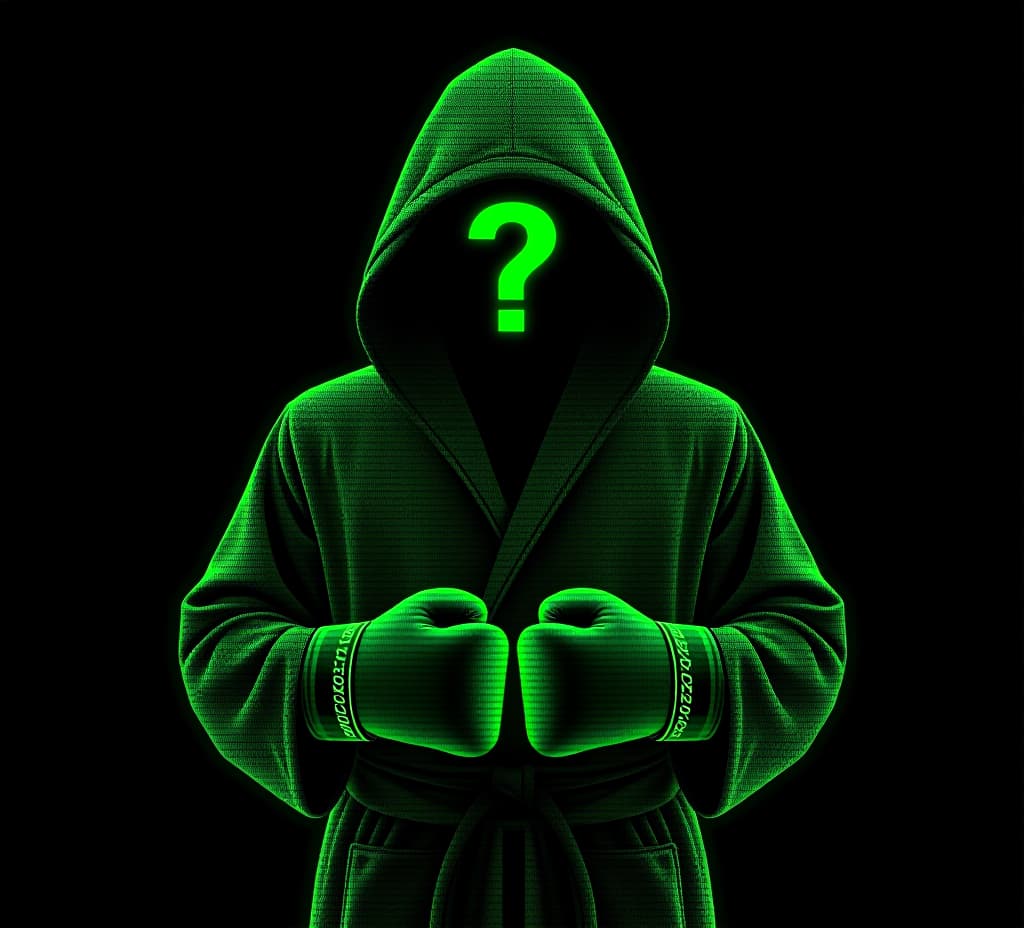  create a mesmerizing digital art piece that features neon green binary code, written in a horizontal style, to form the shape of a hooded boxing robe with question mark as his face and boxing gloves. the bold binary code stands out against a deep black background, creating an eye catching contrast. the typography is vibrant and dynamic, with the binary code elements seamlessly integrated into the design of the robe and gloves. the overall composition is striking and captivating, showcasing the artist's mastery of color, shape, and contrast., typography, vibrant