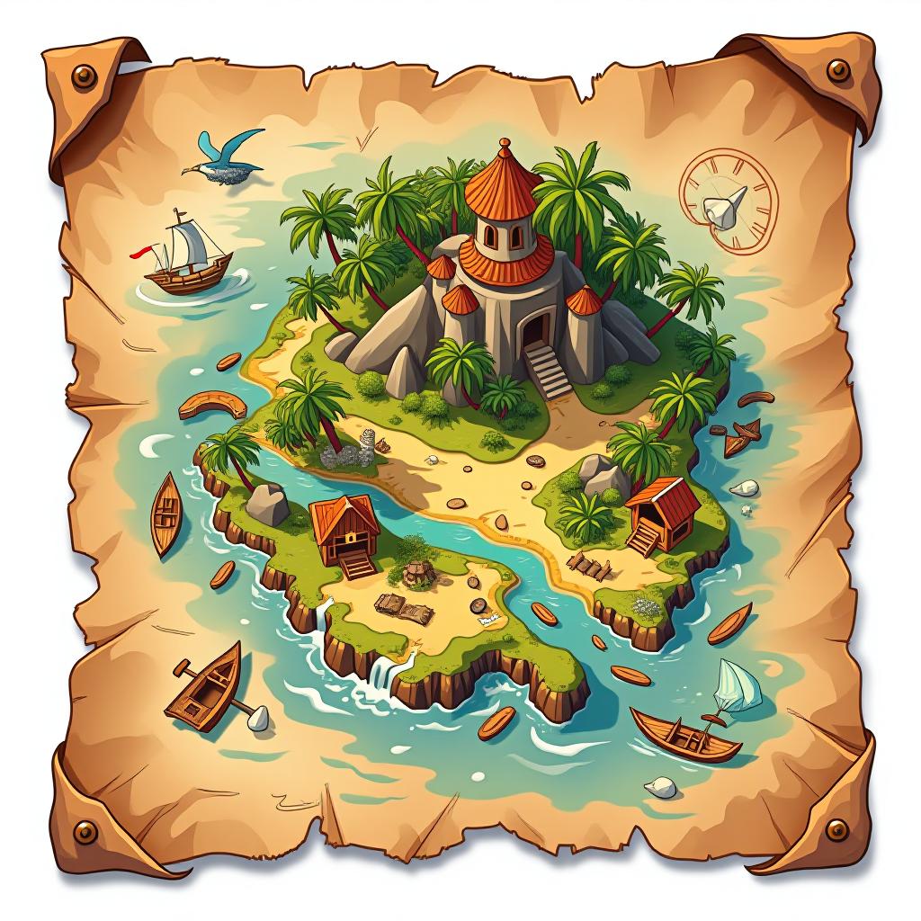  game item. cartoon style, casual graphics. treasure island map on antique paper. white background. best quality, ultra detailed, bright colors