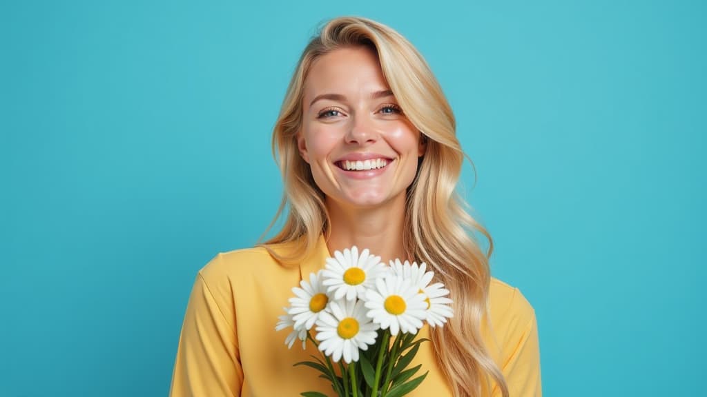  wide angle, happy woman, blonde hair, holds a bouquet of daisies, blue background ar 16:9 {prompt}, maximum details