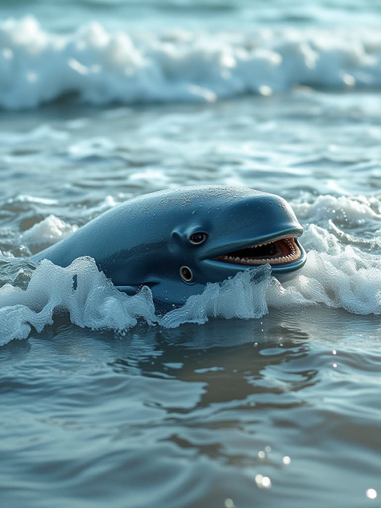  little whales struggle to swim back to the sea in shallow waters near the shore. it has a panic in its eyes, and its body is stuck on the shallows, surrounded by rolling waves. the little whale, with his mouth open and his cry for help, was splattered with water and light blue。