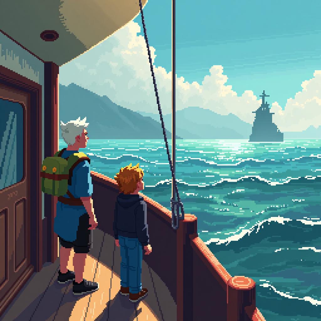  (((pixel art:10))), (high quality), finn and salty share a moment of excitement while standing on the deck of the ship. the ocean sparkles around them, and you can see a distant, mist covered island on the horizon, hinting at the adventures that lie ahead.