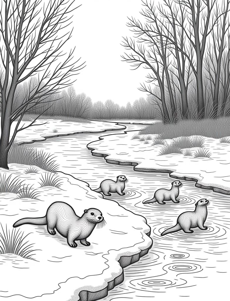  this is for an adult coloring page. a detailed black and white line art of a snowy snow covered riverbank with a group of otters playing on a solid white background.