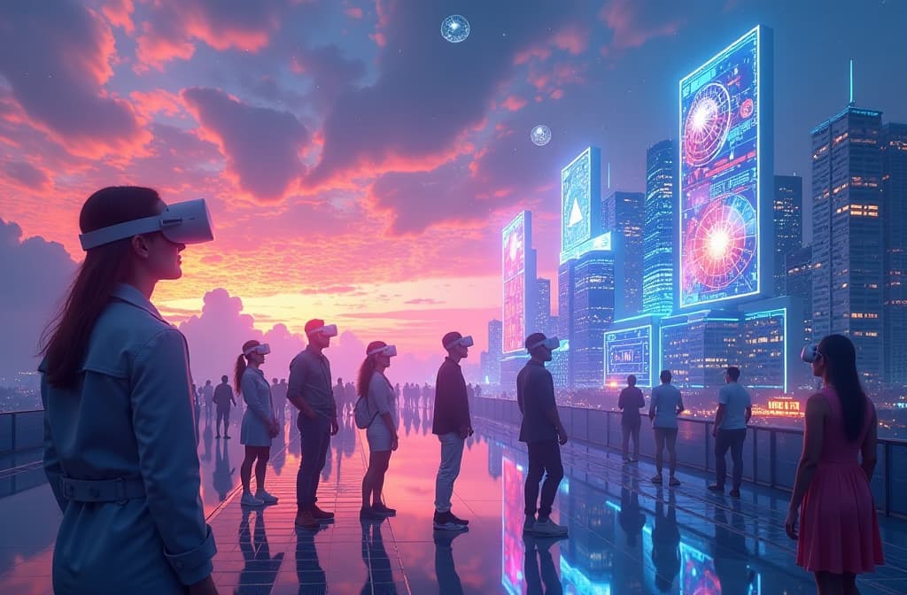  "create a vibrant digital landscape that represents the concept of creativity and innovation in technology. feature a futuristic city skyline with buildings made of translucent screens displaying various artistic images and patterns. in the foreground, incorporate an array of diverse individuals joyfully engaging with virtual reality headsets, surrounded by floating holographic images of nature, art, and technological designs. the sky should be a mesmerizing blend of colors, symbolizing limitless possibilities in the realm of digital art and expression." hyperrealistic, full body, detailed clothing, highly detailed, cinematic lighting, stunningly beautiful, intricate, sharp focus, f/1. 8, 85mm, (centered image composition), (professionally color graded), ((bright soft diffused light)), volumetric fog, trending on instagram, trending on tumblr, HDR 4K, 8K