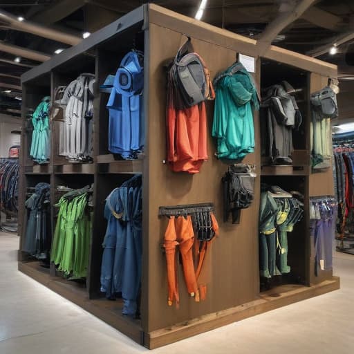 An image of a display of (((certified gear))) for climbing, in a sports store, gear hanging neatly, no people, bright store lighting, detailed, realistic.