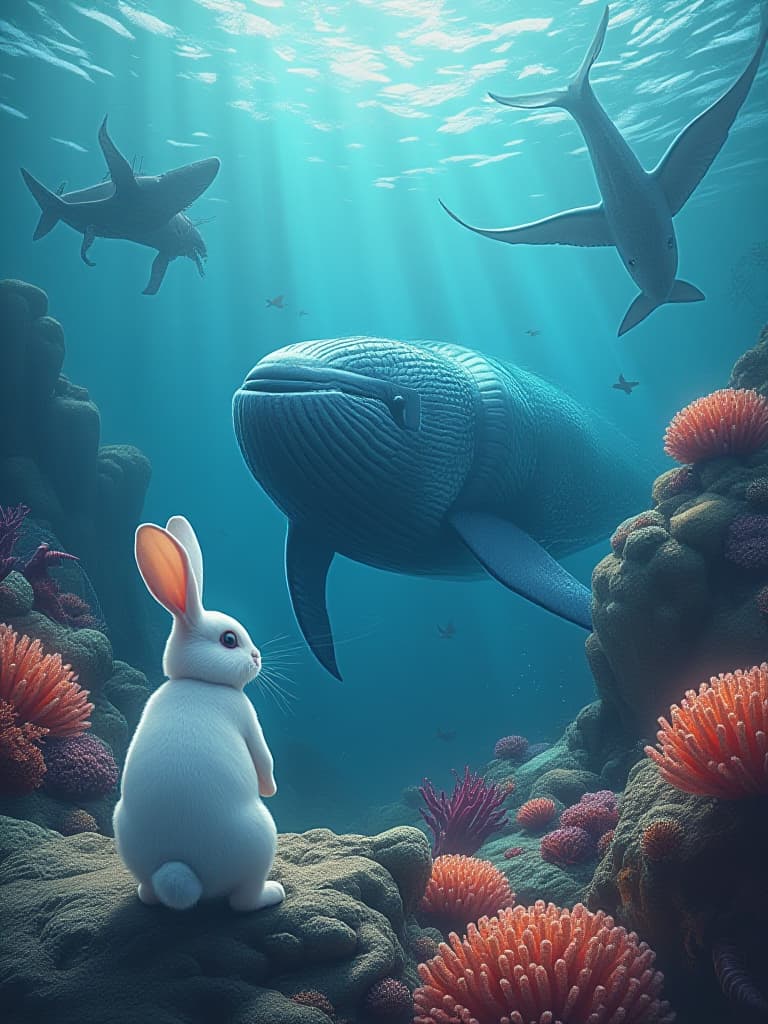  white little rabbits and blue whales continue to take risks and to come near coral reefs and find a beautiful coral damaged by human fishing nets, threatening the ecology of the seabed. little rabbits stand on board and look at coral reefs entangled by nets, with their eyes full of fear。