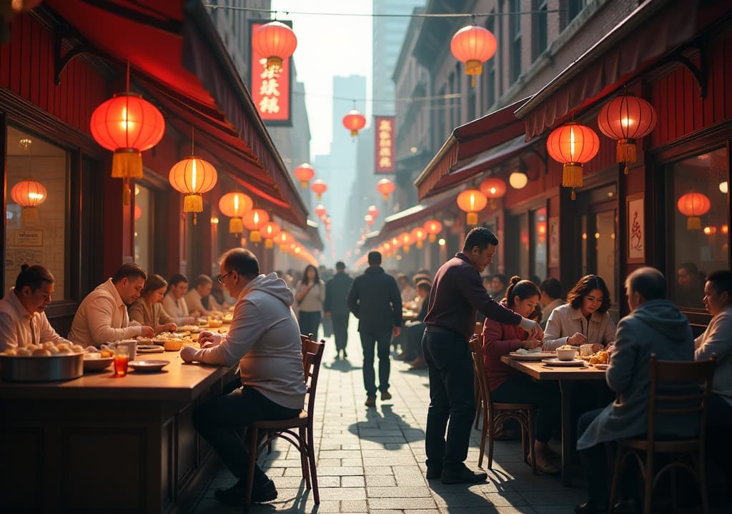  a lively scene in toronto's chinatown, showcasing bustling streets filled with colorful market stalls, a dim sum restaurant with diners enjoying steaming dishes, a street vendor preparing bao, and vibrant decorations celebrating chinese culture, all creating an inviting and energetic atmosphere. hyperrealistic, full body, detailed clothing, highly detailed, cinematic lighting, stunningly beautiful, intricate, sharp focus, f/1. 8, 85mm, (centered image composition), (professionally color graded), ((bright soft diffused light)), volumetric fog, trending on instagram, trending on tumblr, HDR 4K, 8K