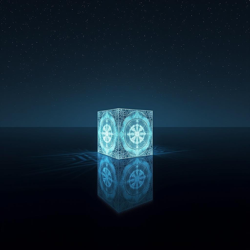  a glowing, intricately designed cube floats in the center of a vast, black reflective surface beneath an expansive starry sky. each side of the cube pulses softly with fractal patterns, casting subtle light onto the mirrored ground below. captured in ultra realistic detail with a long exposure shot on a fujifilm gfx 100s, the camera records every nuanced glow and light trail emitted by the cube. the reflective surface beneath it stretches endlessly into the distance, creating the illusion of infinite space. inspired by the precise, time lapse photography of hiroshi sugimoto, this shot balances the mathematical beauty of the cube’s design with the cosmic vastness of the star filled sky. every star is rendered in sharp detail, adding to the hyperrealistic, full body, detailed clothing, highly detailed, cinematic lighting, stunningly beautiful, intricate, sharp focus, f/1. 8, 85mm, (centered image composition), (professionally color graded), ((bright soft diffused light)), volumetric fog, trending on instagram, trending on tumblr, HDR 4K, 8K