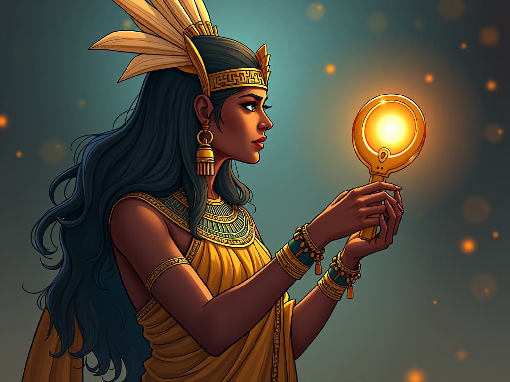  a comic book style draw of an ancient goddess offering a glowing ankh to a person, sense of audacity and reward, atmosphere of being unapologetically oneself. the style is digital art illustration / modern comic book / mysterious occult, symbolic, esoteric vibe,high detail on character design, incorporating ancient egyptian symbology and attire. hyperrealistic, full body, detailed clothing, highly detailed, cinematic lighting, stunningly beautiful, intricate, sharp focus, f/1. 8, 85mm, (centered image composition), (professionally color graded), ((bright soft diffused light)), volumetric fog, trending on instagram, trending on tumblr, HDR 4K, 8K