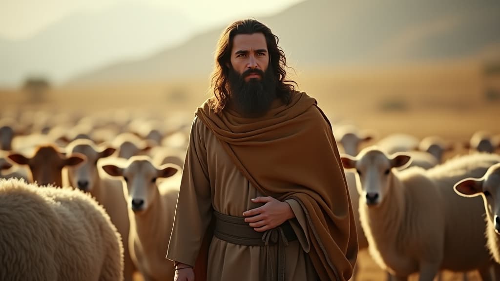  history of biblical times, isaac surrounded by sheep and cattle, symbolizing his increased wealth and prosperity, against a picturesque gerar backdrop. hyperrealistic, full body, detailed clothing, highly detailed, cinematic lighting, stunningly beautiful, intricate, sharp focus, f/1. 8, 85mm, (centered image composition), (professionally color graded), ((bright soft diffused light)), volumetric fog, trending on instagram, trending on tumblr, HDR 4K, 8K