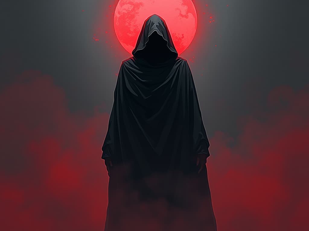  figure enveloped in mist, vision clouded, spiritual confusion palpable, aura of lost purpose. the style is digital art illustration / modern comic book / graphic dark novel fantasy and mysterious occult, symbolic, moody lighting, esoteric vibe,high detail on character design. for the color scheme emphasize blacks and reds.