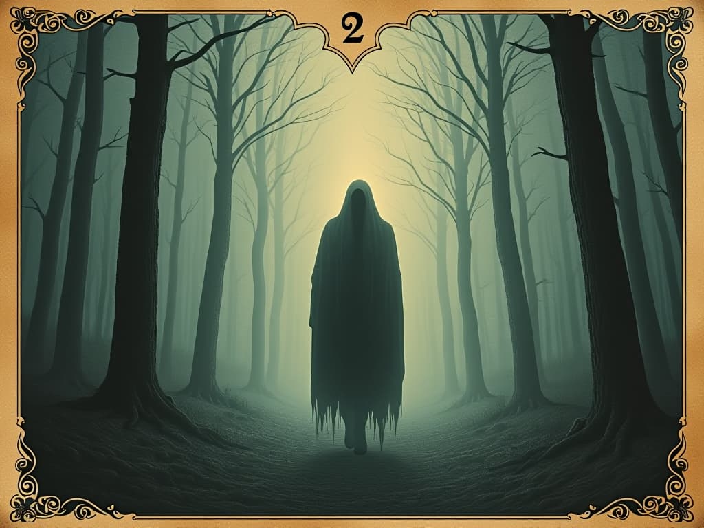  a ghostly figure walking through a foggy forest, echoes of past lives, spectral presence, haunted atmosphere. an illustration in the style of a worn, mystical old tarot trump card, mysterious and elements of surrealism. the colors are muted, somber and eerie, but with contrast bring out an occult and esoteric vibe.