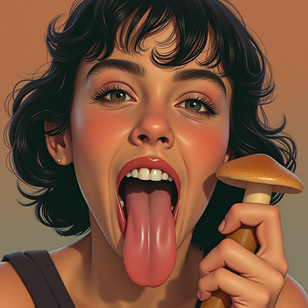  beautiful girl from the 1980s sticking her large flat tongue fully out, cute prey face, covered in sweat, holding a tan colored cylinder with a mushroom at the end, award winning, professional, highly detailed, masterpiece