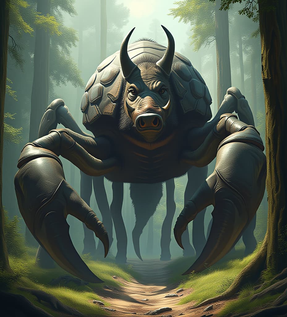  a monstrous hybrid creature between a boar and a scorpion, its gigantic form towering above even the tallest ancient trees of the primeval forest. it possesses razor sharp chitinous plates inherited from the scorpion, seamlessly blending with the thick hide and bristly mane of a boar, all exhibiting a biologically plausible structure while still being nightmarish in scale. its powerful legs, each tipped with large scorpion claws, dwarf even the largest boulders. as it moves, this creature emits a terrifying combination of scuttling and charging sounds, its roar from the boar like snout resonating like thunder, creating shockwaves that flatten acres of ancient woodland. towering trees splinter and crumble against its tough chitinous armor, 