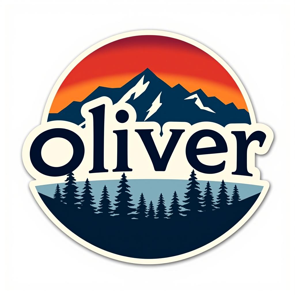  logo, custom sticker design on an isolated white background with the bold words ‘oliver’ with a backdrop of a mountain range, and silhouettes of pine trees at sunset