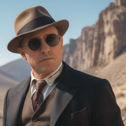 Old Reymond reddington with sunglasses in Steampunk style with Mountains background