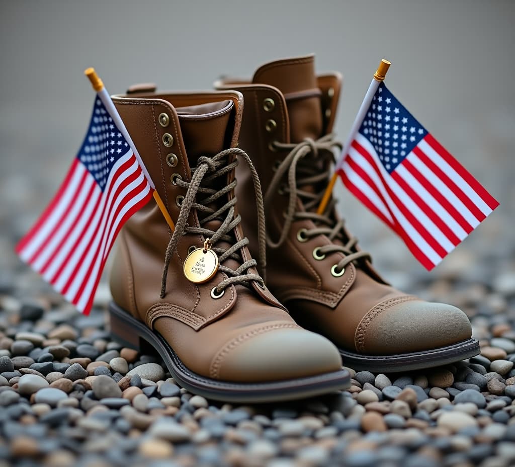  old military combat boots with dog tags and two small american flags. rocky gravel background with copy space. memorial day