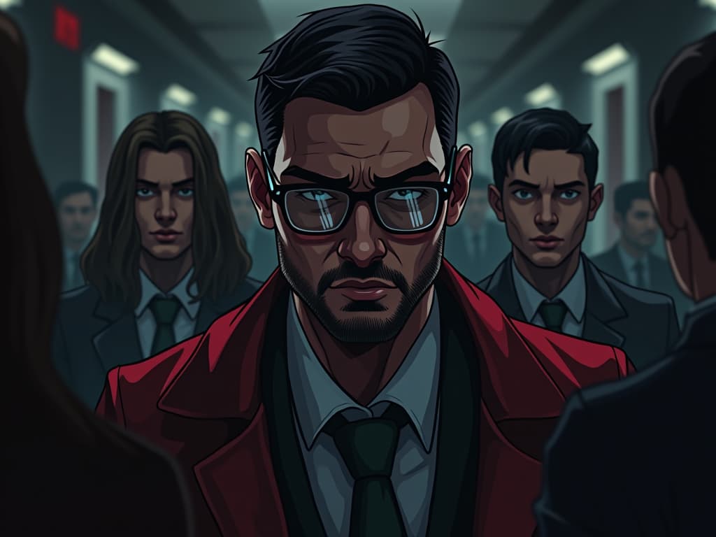  busy office environment, focus on one person with reflective glasses, others around speaking in hushed tones, expression of worry, subtle shadows to emphasize isolation.. the style is dark fantasy and mysterious occult, symbolic, moody lighting, esoteric vibe,high detail on character design. for the color scheme emphasize blacks and reds.