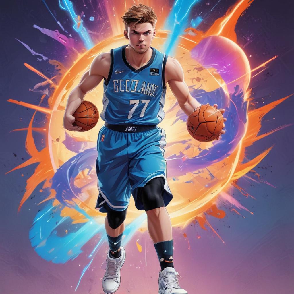 distance-shot, flashy, full-body, dynamic, holographic, animated cartoon poster of luka doncic in the style of dragon ball super