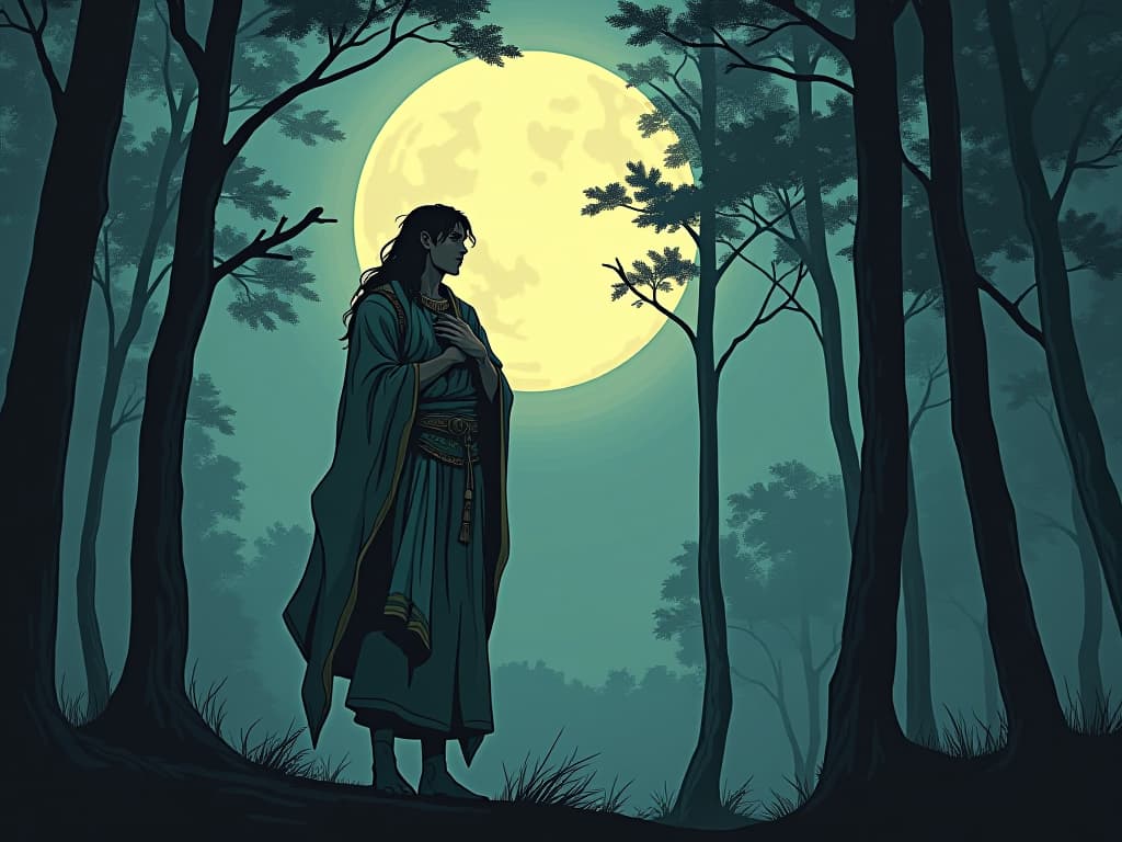  young man in tattered robes, standing at the edge of a quiet forest under the full moon, hand on heart, listened with an air of introspection. the style is digital art illustration / modern comic book / mysterious occult, symbolic, esoteric vibe,high detail on character design, incorporating ancient egyptian symbology and attire.