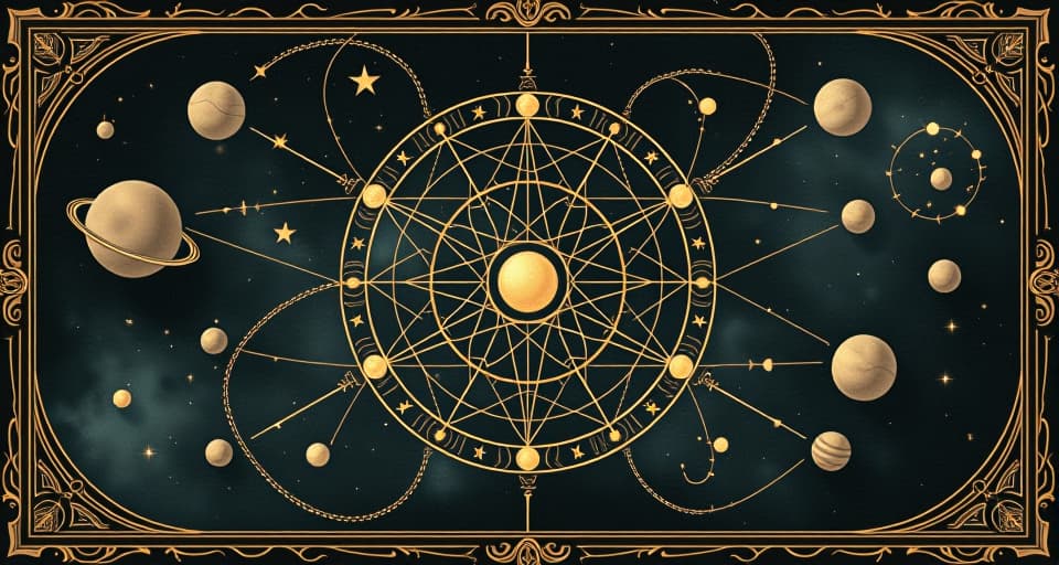  a vast celestial map, stars and planets intricately linked by golden threads, constellations forming prophetic symbols, universe intertwined, cosmic blueprint, illuminated, sacred. an illustration in the style of a worn, mystical old tarot trump card, mysterious and elements of surrealism. the colors are muted, somber and eerie, but with contrast bring out an occult and esoteric vibe.