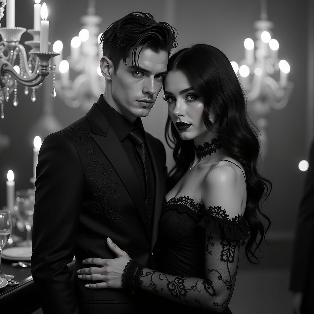  a striking gothic man and woman stand together at an elegant gothic party, surrounded by intricate candlelit decorations. the man has sharp features and tousled black hair, wearing a tailored dark suit adorned with subtle lace details. the woman has long flowing hair cascading over a vintage lace gown, her striking makeup accentuating her piercing eyes. the entire scene is rendered in monochrome, showcasing rich shades of black, white, and gray, highlighting the dramatic contrast and ethereal beauty of their surroundings.