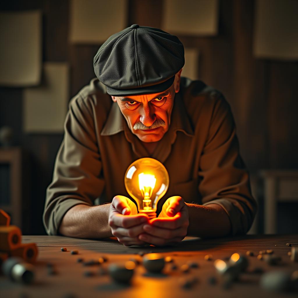  create a high quality, photorealistic image that vividly depicts the following scene: in soft sepia tones, a weary yet determined thomas edison stands hunched over a wooden table littered with countless burned out filament experiments. his hands, smudged with soot and wear, tenderly cradle a glowing, triumphant light bulb. shadows and highlights play across his face reflecting the glow, eyes filled with a victorious spark, sweat on the furrowed forehead under the vintage cap. the background fades into blurry patents of his failed inventions hanging on a rustic wooden wall. nikon z 7ii, f/2.8, iso 100, 1/50s, 8k, raw, unedited, centered and balanced, high resolution. the image should: focus on the specific actions, emotions,  hyperrealistic, full body, detailed clothing, highly detailed, cinematic lighting, stunningly beautiful, intricate, sharp focus, f/1. 8, 85mm, (centered image composition), (professionally color graded), ((bright soft diffused light)), volumetric fog, trending on instagram, trending on tumblr, HDR 4K, 8K