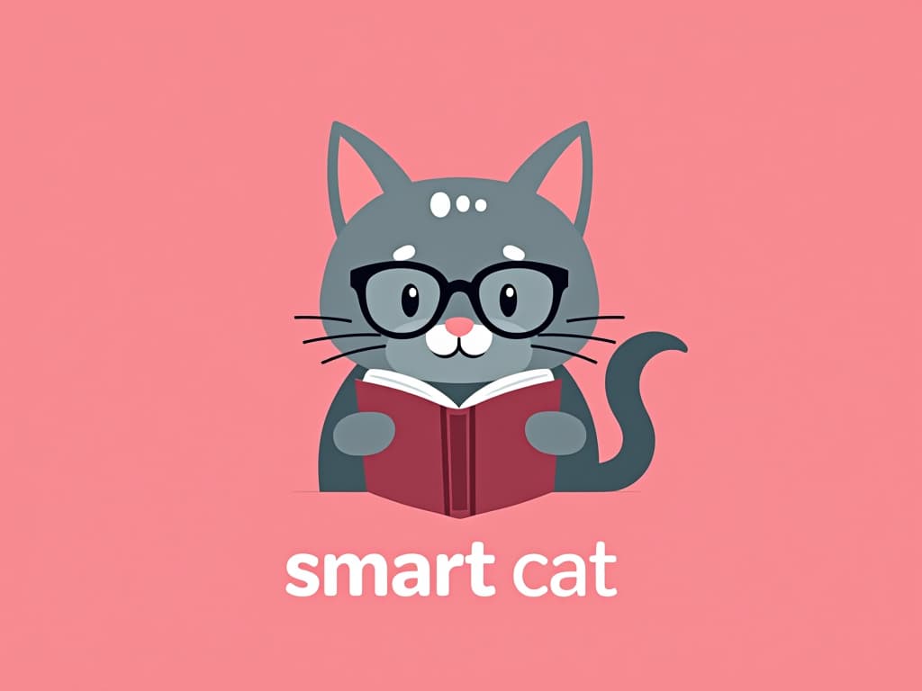  design a logo, a gray cat with white spots reading with some glasses, pink background , with the text 'smart cat'.