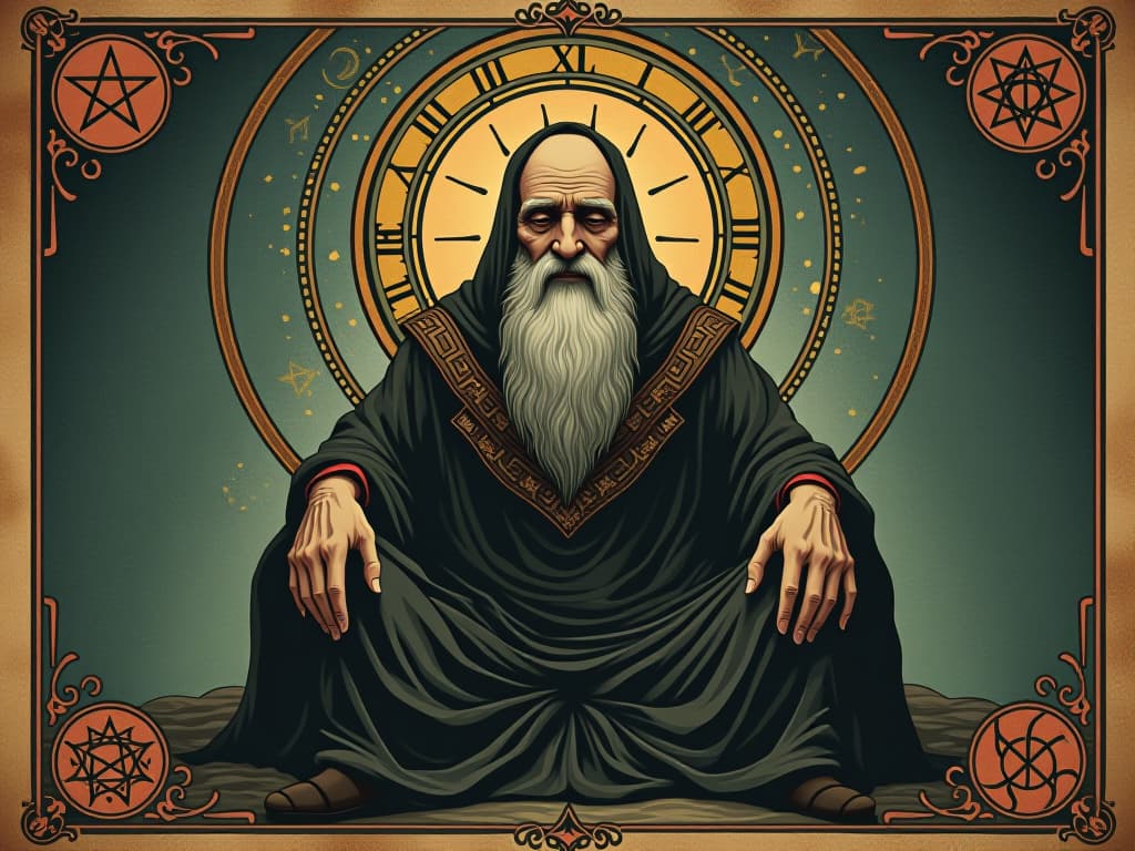  wise elder seated in contemplation, surrounded by symbols of wisdom and spirituality, calm expression, peaceful aura, signs and sigils in the background. an illustration in the style of a worn, mystical old tarot trump card, mysterious and elements of surrealism. the colors are muted, somber and eerie, but with contrast bring out an occult and esoteric vibe.