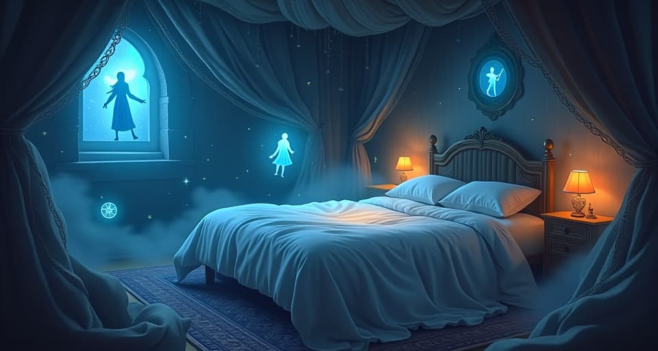  an enchanted night scene, filled with visions of past lives. glowing figures and symbols float around an ethereal bed, showing glimpses of history.. the style is digital art illustration,highly detailed, whimsical,magical, dreamlike atmosphere, realism and fantasy blend, smooth, glossy textures,luminous quality, wonder and enchantment.