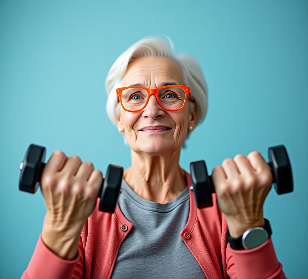  an elderly woman with white hair and orange glasses is lifting weights, symbolizing strength and healthy lifestyle choices for seniors. the background is light blue.