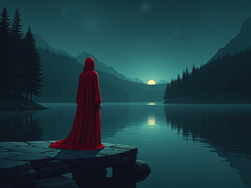  individual in red robes, standing on a stone bridge, looking out over a tranquil lake, stars reflecting on the water, aura of self discovery. the style is digital art illustration / modern comic book / graphic dark novel fantasy and mysterious occult, symbolic, moody lighting, esoteric vibe,high detail on character design. for the color scheme emphasize blacks and reds.