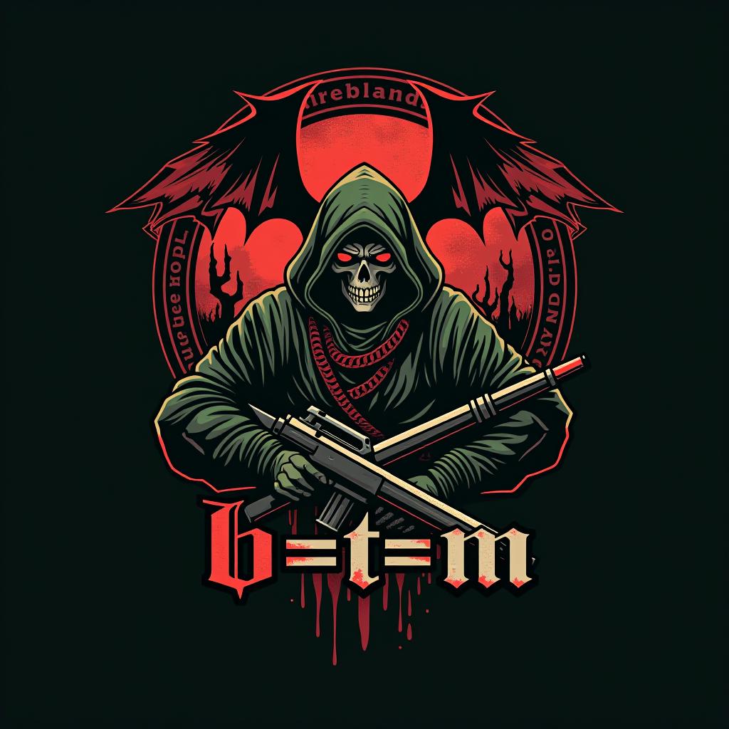  design a logo, b=t=m, clan, rebirth island never dies, waffen, hanfblatt versteckt im hintergrund, waffen, grasgrün, hellgrau, bordeaux, zombies , with the text 'b=t=m'.