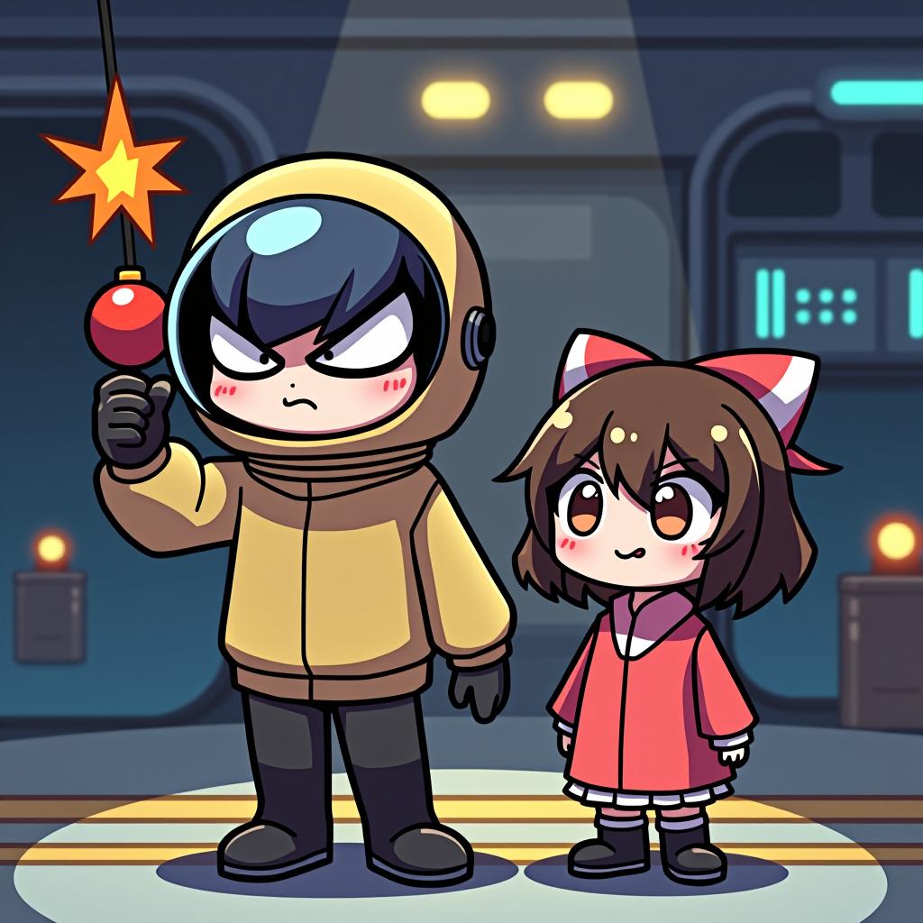  good quality, high quality, among us style character named 'sukuna' holding a bomb in one hand, standing beside a girl named 'roro.' sukuna has a menacing expression, and roro looks surprised. the scene is set in the typical among us spaceship environment, with vibrant colors and simple, cartoonish details.