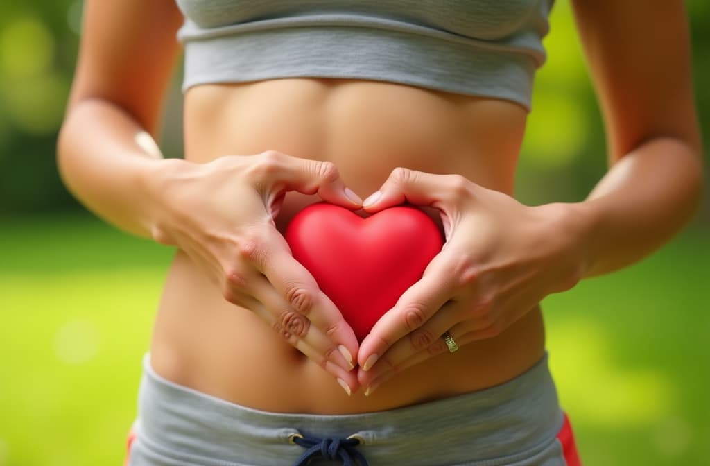  woman, stomach and hand with heart in outdoor for exercise, diet, fitness and closeup. female tummy, gut health and self love for wellness and training in the summer for healthy workout outside. ar 3:2 {prompt}, maximum details