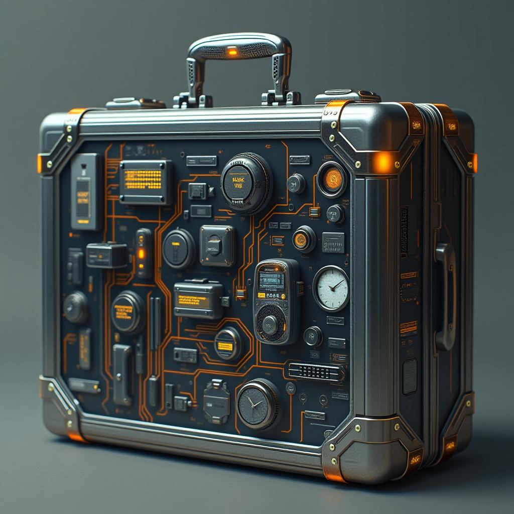  hyperrealistic art a clear suitcase containing james bond spyware . extremely high resolution details, photographic, realism pushed to extreme, fine texture, incredibly lifelike