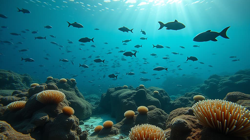  undersea animals around an eco friendly artificial reef, marine restoration