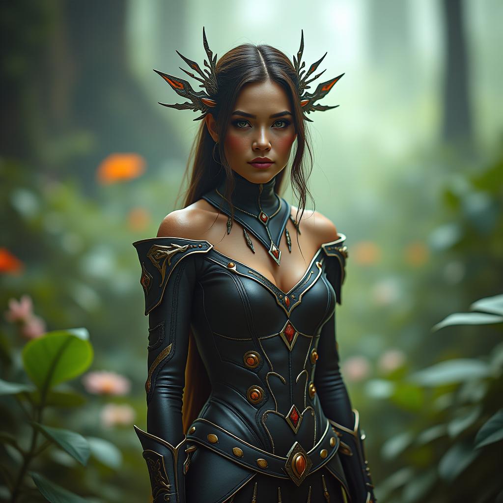  . sci fi garden goddess** hyperrealistic, full body, detailed clothing, highly detailed, cinematic lighting, stunningly beautiful, intricate, sharp focus, f/1. 8, 85mm, (centered image composition), (professionally color graded), ((bright soft diffused light)), volumetric fog, trending on instagram, trending on tumblr, HDR 4K, 8K