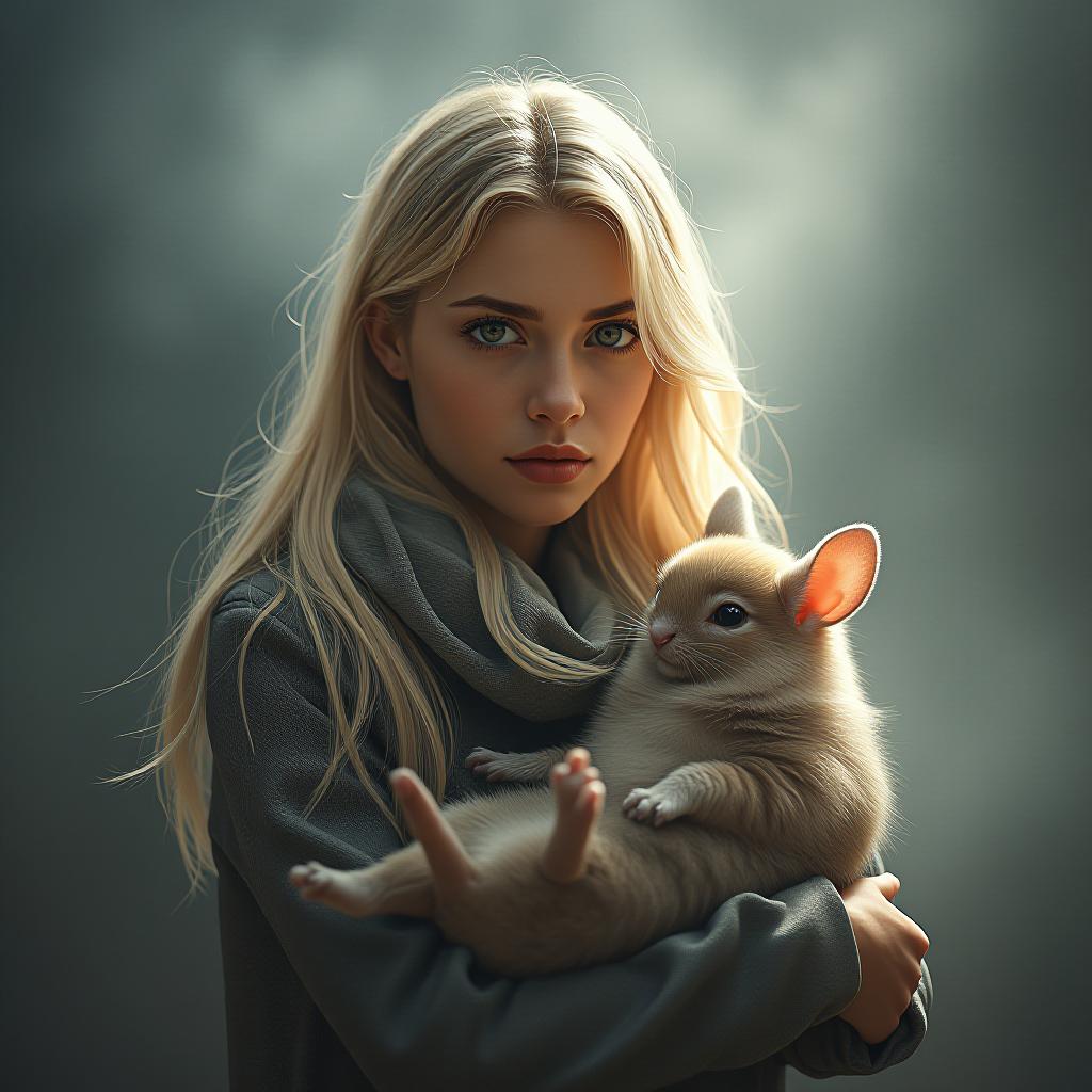  blonde with a chinchilla. hyperrealistic, full body, detailed clothing, highly detailed, cinematic lighting, stunningly beautiful, intricate, sharp focus, f/1. 8, 85mm, (centered image composition), (professionally color graded), ((bright soft diffused light)), volumetric fog, trending on instagram, trending on tumblr, HDR 4K, 8K