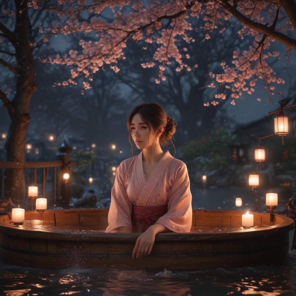 ((masterpiece)),(((best quality))), 8k, high detailed, ultra detailed, A young ing in a Japanese anime setting, cherry blossom trees in the background, traditional wooden tub, steam rising from the water, soft glowing lanterns hanging above, water droplets glistening on her skin hyperrealistic, full body, detailed clothing, highly detailed, cinematic lighting, stunningly beautiful, intricate, sharp focus, f/1. 8, 85mm, (centered image composition), (professionally color graded), ((bright soft diffused light)), volumetric fog, trending on instagram, trending on tumblr, HDR 4K, 8K