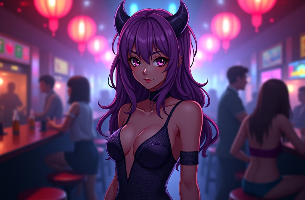  8k photo portrait of a stunning evil anime woman with purple hair, full body wearing a disco dress, looking at the camera, in a bustling night bar called nox club, light reflections, highly detailed, studio ghibli, akira toriyama, james gilleard, genshin impact, trending pixiv fanbox, spatula acrylic, 4k, night vibrant colors.. hyperrealistic, full body, detailed clothing, highly detailed, cinematic lighting, stunningly beautiful, intricate, sharp focus, f/1. 8, 85mm, (centered image composition), (professionally color graded), ((bright soft diffused light)), volumetric fog, trending on instagram, trending on tumblr, HDR 4K, 8K