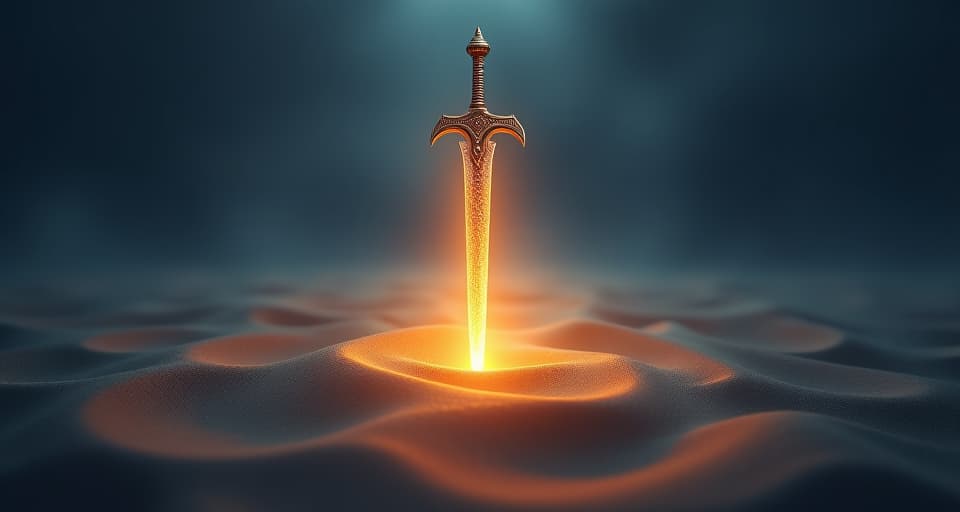  an enchanted sword plunging into the ground, creating a glowing, soft line in the sand. on one side, celestial light; on the other, murky darkness, atmosphere of uncompromising decision.. the style is digital art illustration,highly detailed, whimsical,magical, dreamlike atmosphere, realism and fantasy blend, smooth, glossy textures,luminous quality, wonder and enchantment.