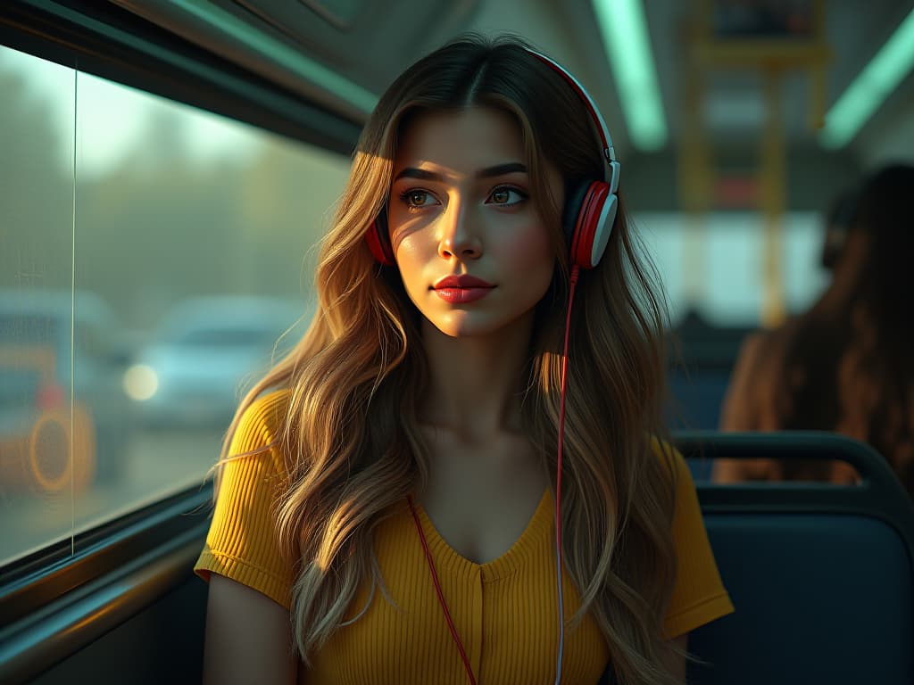  girl listen to music in the bus hyperrealistic, full body, detailed clothing, highly detailed, cinematic lighting, stunningly beautiful, intricate, sharp focus, f/1. 8, 85mm, (centered image composition), (professionally color graded), ((bright soft diffused light)), volumetric fog, trending on instagram, trending on tumblr, HDR 4K, 8K