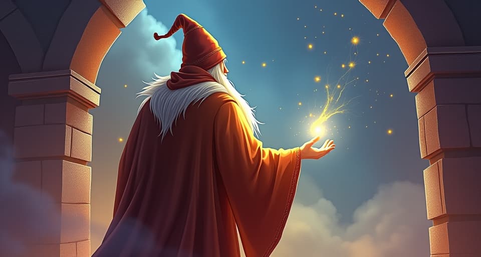  wise wizard in luminescent robes, gathering energy from radiant walls. magical ambiance, feeling of enlightenment and empowerment.. the style is digital art illustration,highly detailed, whimsical,magical, dreamlike atmosphere, realism and fantasy blend, smooth, glossy textures,luminous quality, wonder and enchantment.