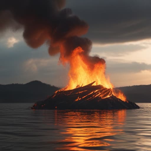 Fire physically on the water with land and sky behind in Cinematic style