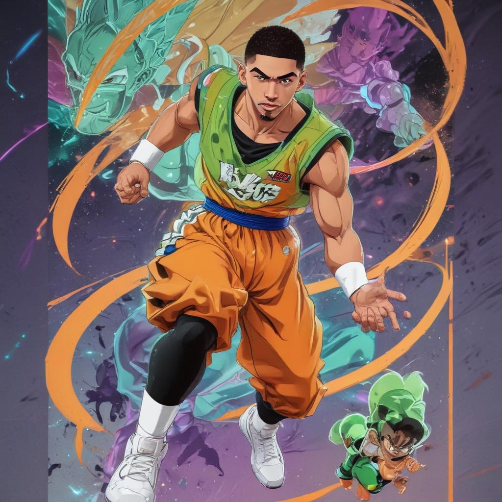 distance-shot, flashy, full-body, dynamic, holographic, animated cartoon poster of jayson tatum in the style of dragon ball super